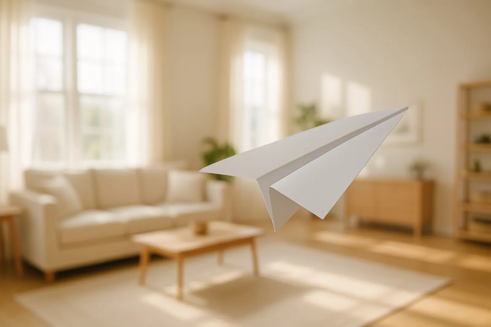 A paper plane gliding across a sunlit living room