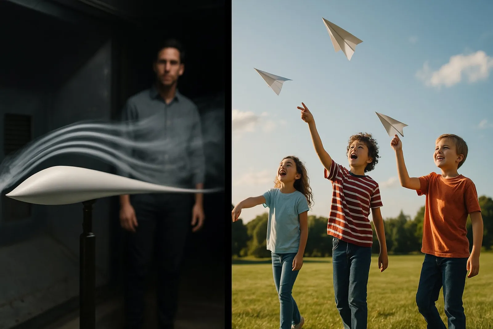 Storyboard frame split in two: a white airfoil in a wind tunnel on the left, three kids launching paper planes in a field on the right